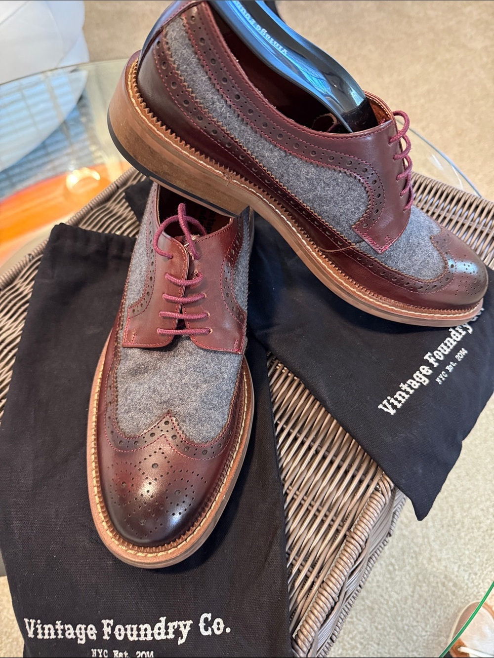 Vintage Foundry Men’s Burgundy and Gray Wingtip Derbys